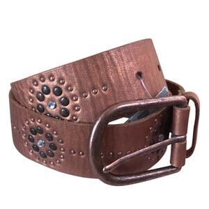 Cache Copper Metallic Leather Nail Head Rhinestone Belt Pant New Sz S/M $98 NWT